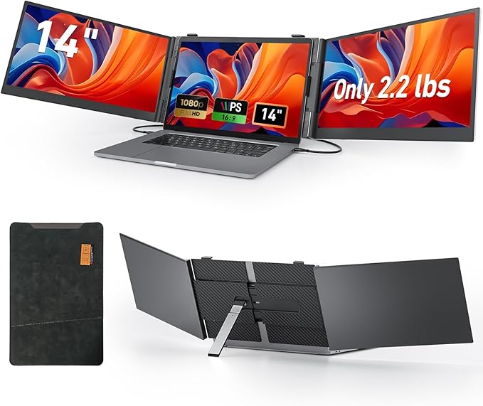 Vixtan 2.2lb Ultra-Light Laptop Screen Extender, 14" Triple Portable Monitor for Laptop, Ultra-Thin 1080P FHD Monitors for 13.3-17.3" Laptops, Triple Monitor Extended for Windows/Mac/Chrome