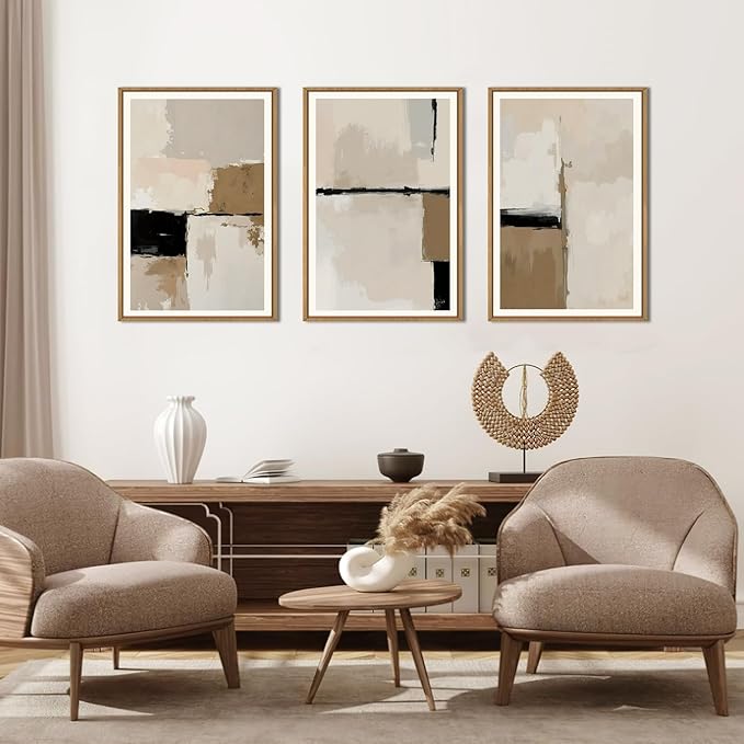 HPINUB Large Modern Abstract Framed Canvas Wall Art Set,Geometric Line Black White and Beige Textured Wall decor Neutral Gray Minimalist Art Print for Living Room,Bedroom,Dining Room,Office -16"x24"x3