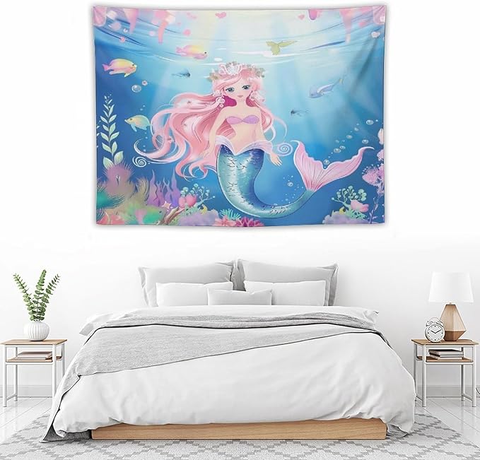 HZOHNAGO Mermaid Girls Tapestry Watercolor Mermaid Princess Pattern Printed Wall Tapestry Wall Hanging for Bedroom Living Room Dorm 40" W x 30" H