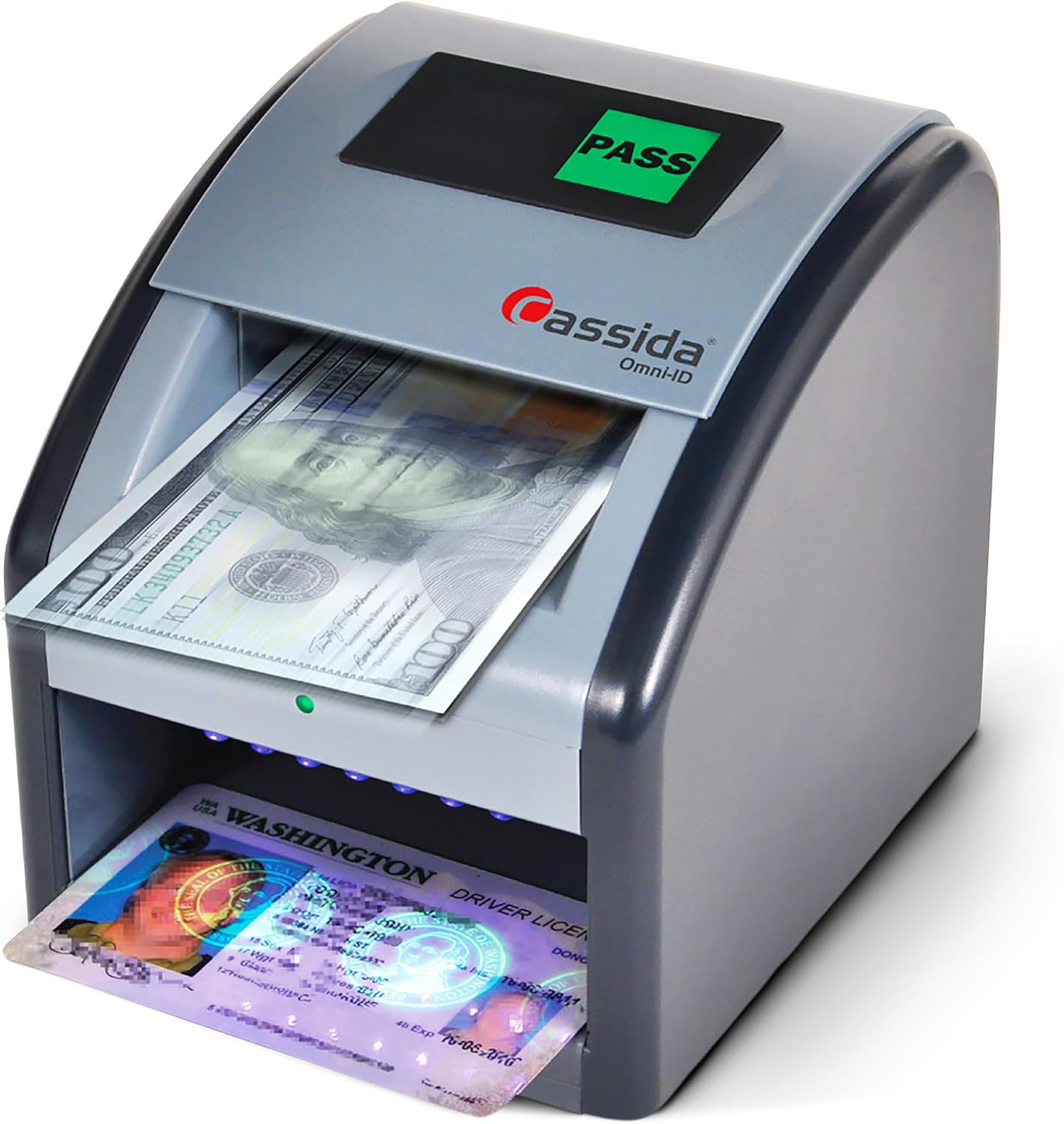 Cassida Omni-ID 2-in-1 Currency Counterfeit Detector with UV Identification Verification Lights â Bill Checker with Infrared, Magnetic and Ultraviolet Sensors - Easy to Read PASS/FAIL Display