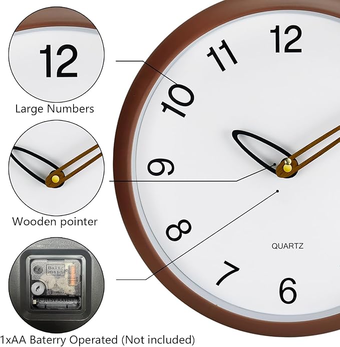 Wall Clock, 12 Inch Wall Clocks Battery Operated, Silent Non Ticking Analog Clock with Large Numbers, Cream Modern Wooden Hands Clocks for Living Room Bedroom Kitchen Hotel Farmhouse, Brown