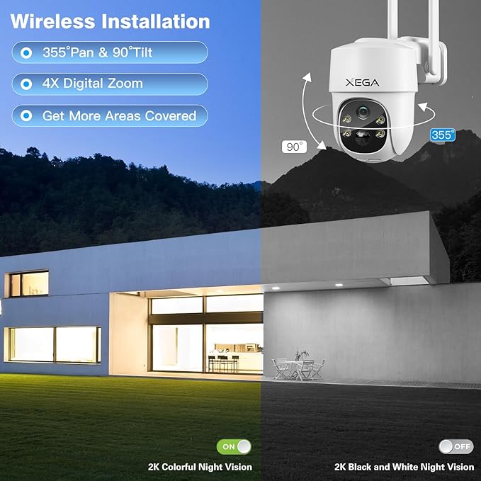 Xega 4G LTE Cellular Security Camera Solar with SIM Card,Wireless Outdoor No WiFi Security Camera,2K HD PTZ Night Vision Motion Detection 2 Way Talk TF&Cloud Storage,Only Support the Built-in SIM Card