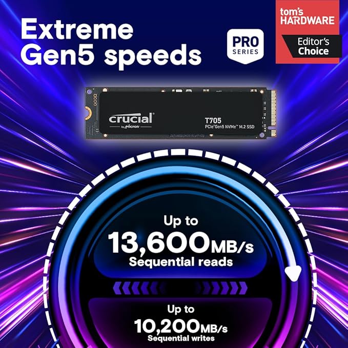Crucial T705 PCIe Gen5 NVMe 1TB SSD, Up to 13,600MB/s, TLC NAND, Intel & Ryzen Compatible, for Hardcore Gaming & High-Speed Storage, Solid State Drive, Includes 1Mo Adobe CC – CT1000T705SSD3