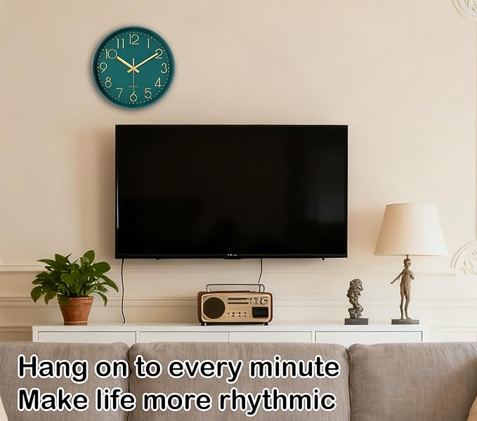 Silent Wall Clocks Battery Operated 8 Inch, Analog Wall Clock with Large Number Tempered Glass Clock Face, Dark Green Quartz Non Ticking Wall Clocks for Living Room Bedroom Kitchen Office