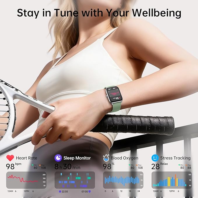 Smart Watches for Women with Alexa & Bluetooth Call,1.85" HD Screen Fitness Tracker,30-Day Battery, Heart Rate/Sleep/SpO2 Monitor,100+ Sports Modes,2ATM Waterproof Smartwatch for Android iPhone(Green)