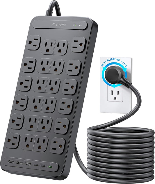 TROND Surge Protector Power Strip, 360Â° Rotating Flat Plug, 24 AC Outlets, 6 USB Ports Total 37W, 4000 Joules, ETL Listed, 15ft Heavy Duty Extension Cord 1875W for Gaming Dorm Room Essentials Black