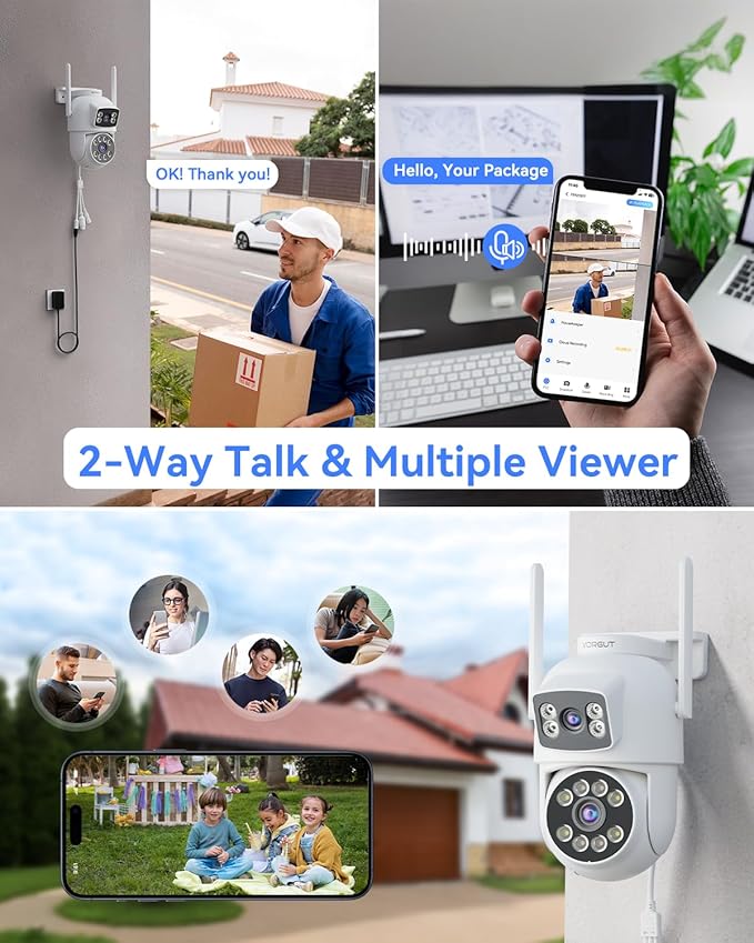 Security Camera System Wireless Outdoor with 12" Monitor, 2pcs 2K Dual Lens Cameras for Home & Business Surveillance, 360° PTZ, 2.4G/5G WiFi, Human Detection, Auto Tracking, 16CH NVR, 500G HDD