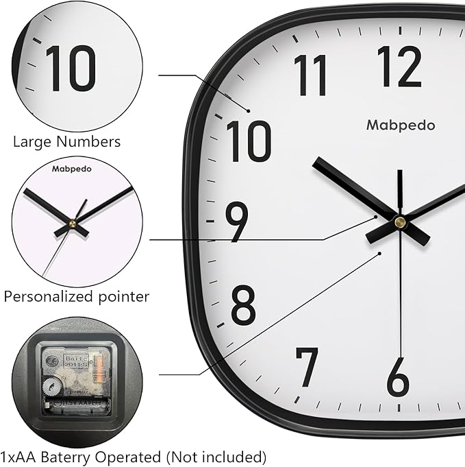 Wall Clocks Battery Operated, 12 Inch Silent Wall Clock, Non Ticking Square Analog Decorative Wall Clocks for Bedroom Living Room Office Home Gym Porch Decor Indoor Outdoor Clock, Black