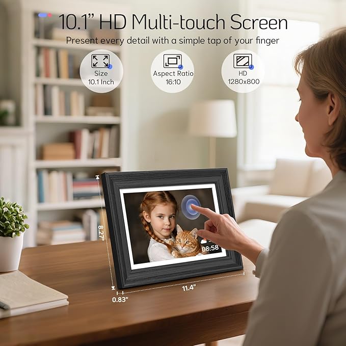 NexFoto Touchscreen Digital Picture Frame 10.1 Inch 64GB, WiFi Photo Frame Electronic, Add Pics from Google Photos, Easy to Share Videos via App/USB/Micro SD, for Christmas/Mom/Birthday, Black Wood