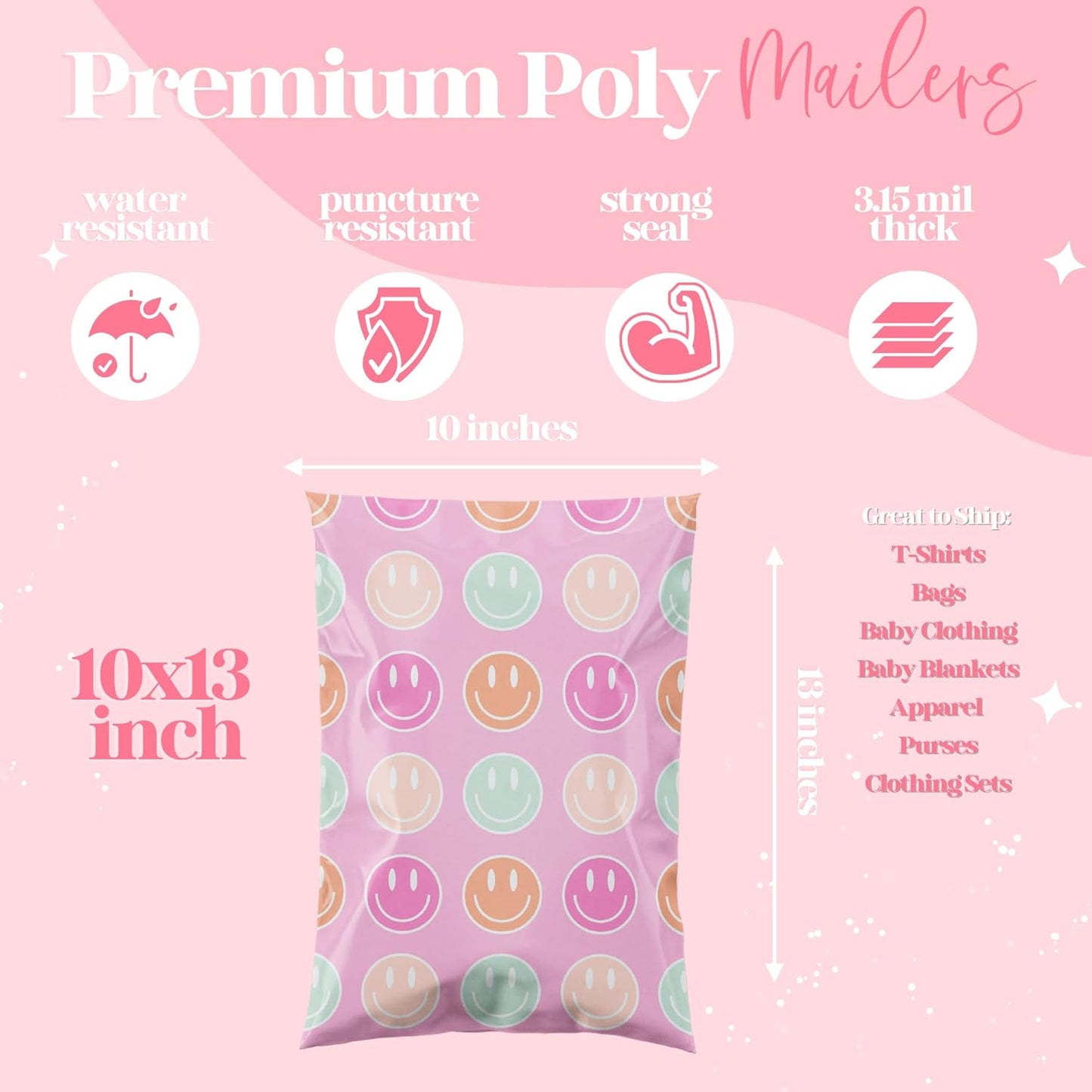 6x9 Designer Poly Mailer 100 Pack Heavy Duty Waterproof Self Seal Shipping Bags for Small Business Large Mailing Envelopes Bulk Tear Resistant Cute Packaging Smiley Face