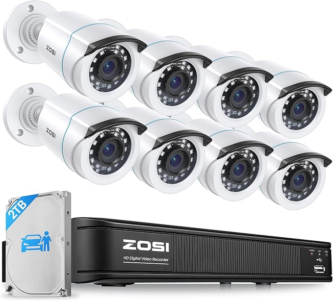 ZOSI 1080P H.265+ Home Security Camera System with AI Human Vehicle Detection, 5MP 3K Lite 8 Channel CCTV DVR Recorder with 2TB Hard Drive and 8 x 1080p Surveillance Bullet Camera Outdoor Indoor