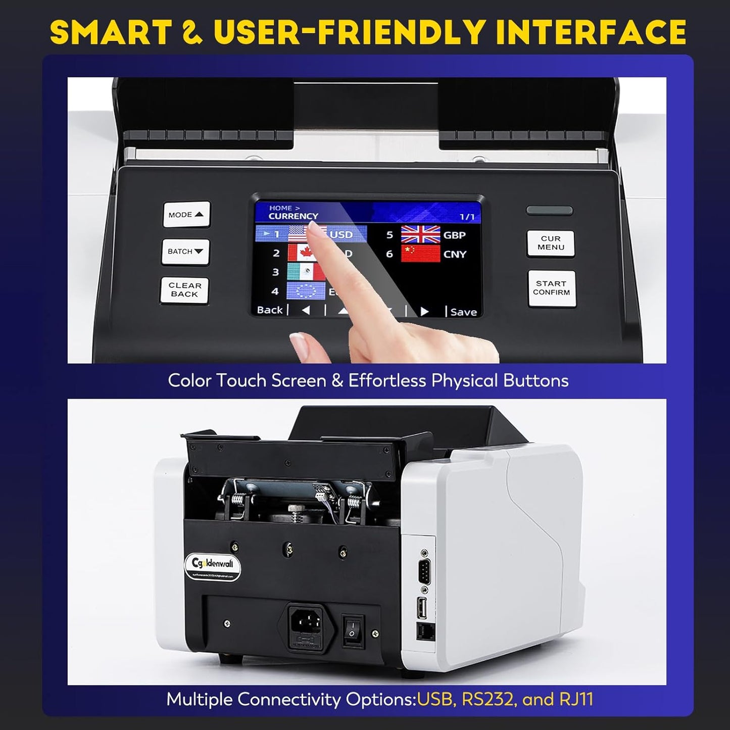 CGOLDENWALL Mixed Denomination Money Counter Machine, Touchscreen Value Counter, 1500Bills/min Cash Counting, UV/MG/IR/DD Detection, Multi-Currency & Modes Bill Counter for Business