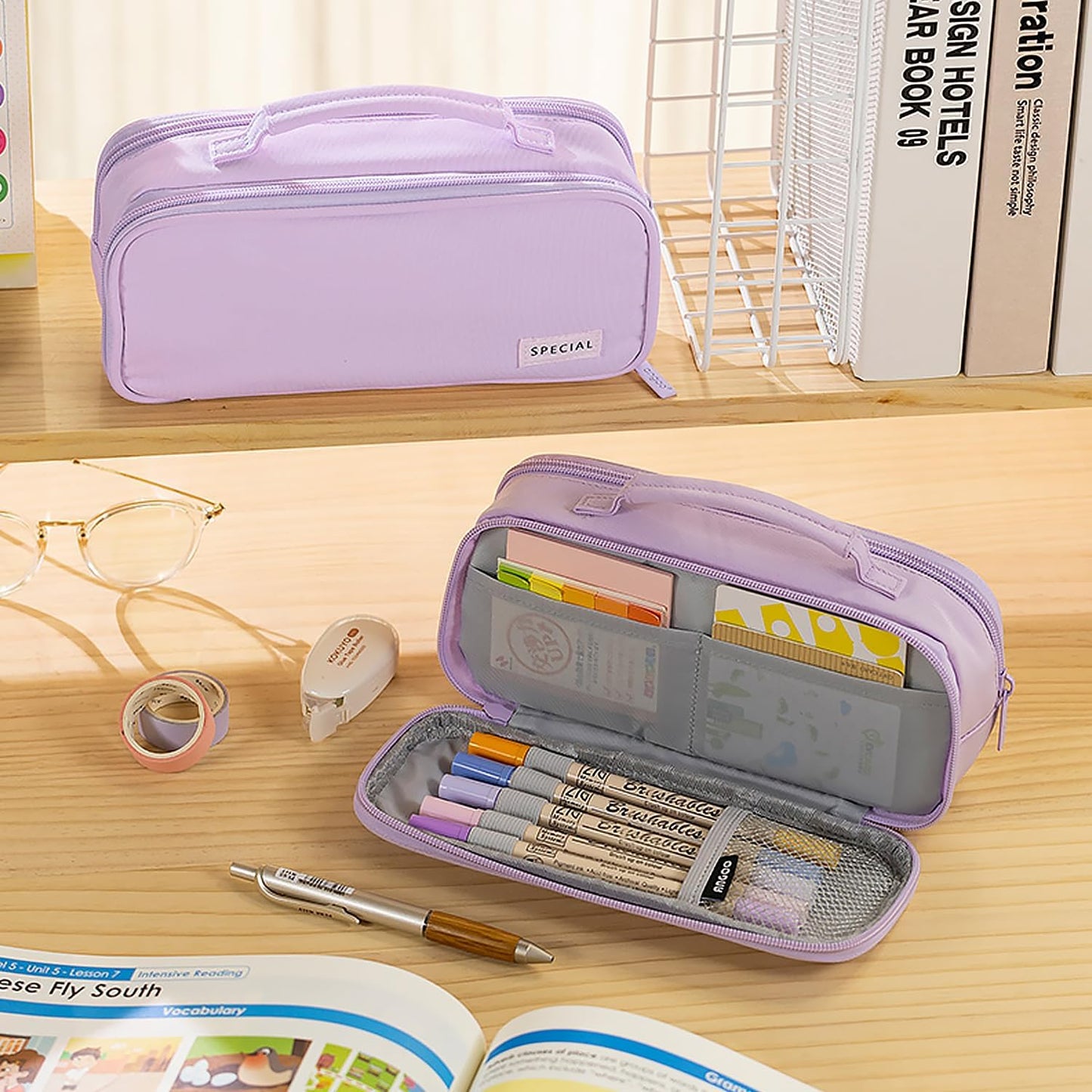 MAMUNU Pencil Case Large Capacity with 3 Compartments, Pencil Case Pouch Bag with Zipper Handle Portable Pen Stationery Organizer for Teen Girls Adults College School Office Travel, Purple