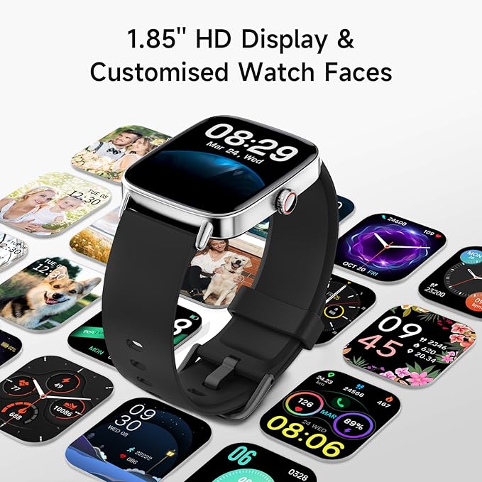 Smart Watch for Men Women, 1.85" HD Smartwatch Compatible iPhone/Samsung/Android (Answer/Make Calls), 100+ Sport Modes Fitness Tracker with Heart Rate/Sleep/SpO2 Monitor, IP68 Waterproof, with 2 Bands