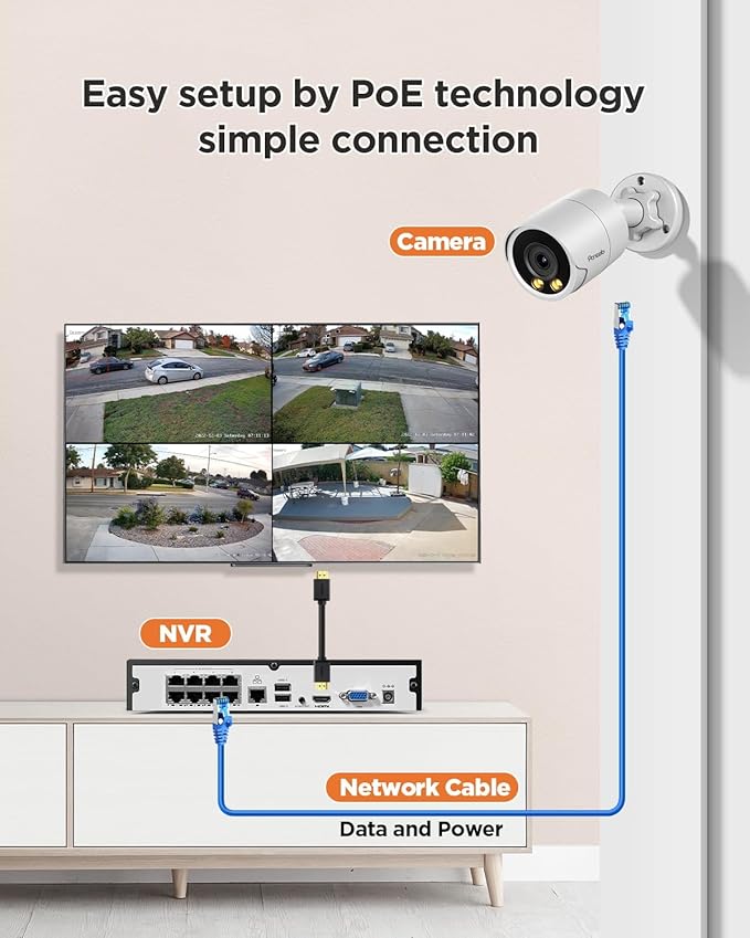 PoE Security Camera System 4K, 4X 8MP Wired Home Bullet IP Cameras Built-in microphone, Human Vehicle Detection, Smart Color Night Vision, 4K 8 Channel NVR 2TB HDD, 24/7 Recording, PB38F0408-8M