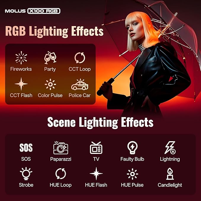 ZHIYUN MOLUS X100 RGB Standard 100W Video Light [Official] V2 Upgraded Version Professional Photography Light Portable Continuous Output Lighting 2500K~10000K CRI≥95 TLCI≥97 Only 384g (No Battery)