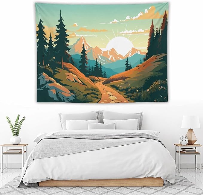 HZOHNAGO Mountain Tapestry Forest Mountain Sunrise Road Pattern Printed Wall Tapestry Wall Hanging for Bedroom Living Room Dorm 80" W x 60" H