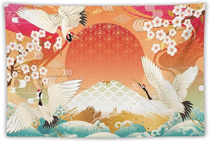 HZOHNAGO Japanese Tapestry Cherry Blossom Crane Sea Wave Fuji Mountain Red Sun Pattern Printed Wall Tapestry Painting Wall Hanging for Bedroom Living Room Dorm 60" W x 40" H