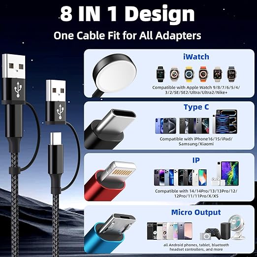 Cruise Essentials 4 in 2 Charging Cable for Apple iWatch Charger/iPhone 17/Lightning/Micro, Travel Multi Charging Cable Cord Compatible for iWatch Ultra/SE/10-1, iPhone16-6, Android, Car Accessories