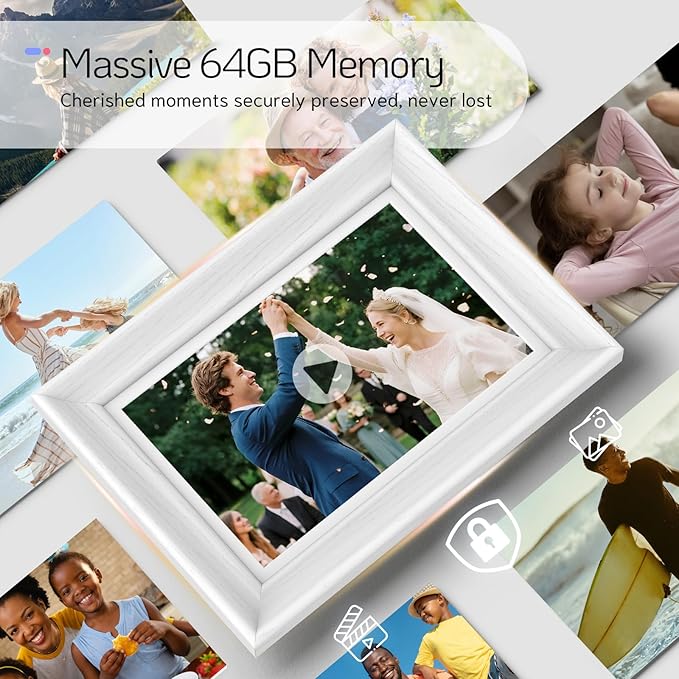 NexFoto Touchscreen Digital Picture Frame 10.1 Inch 64GB, WiFi Photo Frame Electronic, Add Pics from Google Photos, Easy to Share Videos via App/USB/Micro SD, for Christmas/Mom/Birthday, White Wood
