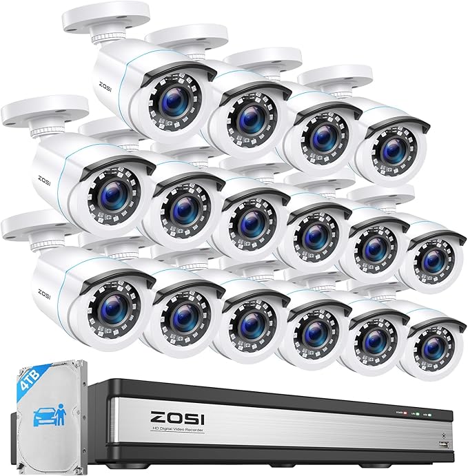 ZOSI H.265+ 16CH Security Camera System with AI Human Vehicle Detection, 16CH DVR with 4TB HDD for 7/24 Record, 16 x 1080p CCTV Camera Outdoor Indoor with 80ft Night Vision, 90°Wide Angle