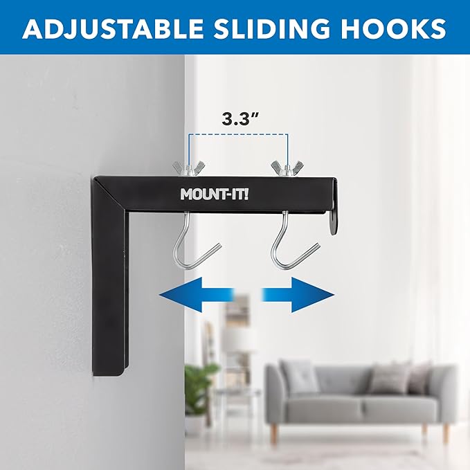 Mount-It! Projector Screen Wall Mount L-Brackets - Wall Hanging Bracket For Home Projector and Movie Screens, 6 inch Adjustable Mounting Hooks for Projection Screen, 1 Pair, Black, 66 Lb Capacity Each