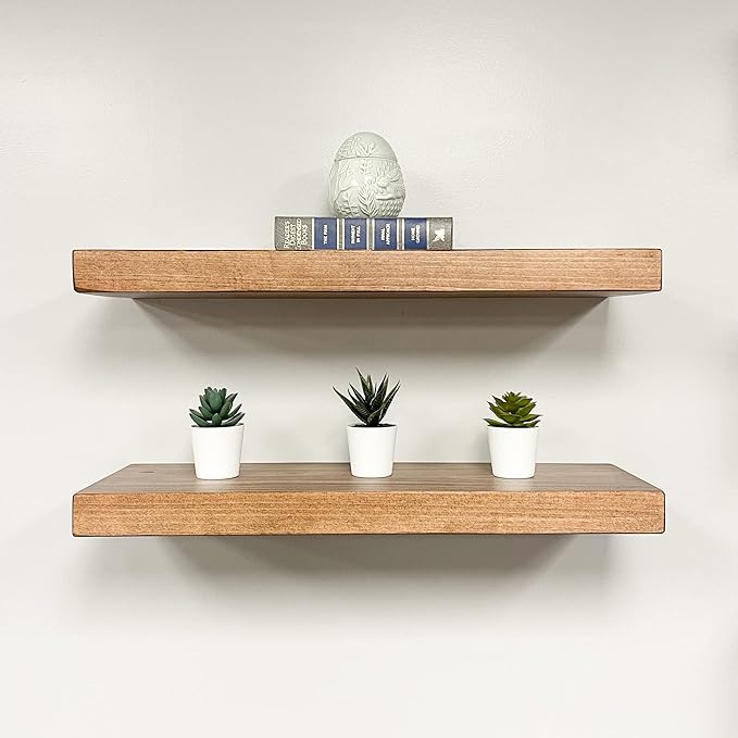 URBANDI, Rustic Floating Shelves, Set of 2, Hidden Bracket, Solid Wood, Heavy Duty, Wall Mounted Shelves, (Brown, 60Wx6D)
