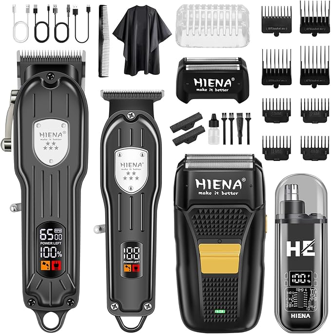 HIENA PRO Professional Hair Clipper Kit, Rechargeable Cordless Barber Kit and Hair Cutting Set, Electric Foil Shavers and Beard Trimmers, Ear, Nose Hair Trimmer Set & Facial Grooming Tool (Black)