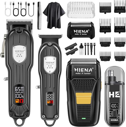 HIENA PRO Professional Hair Clipper Kit, Rechargeable Cordless Barber Kit and Hair Cutting Set, Electric Foil Shavers and Beard Trimmers, Ear, Nose Hair Trimmer Set & Facial Grooming Tool (Black)