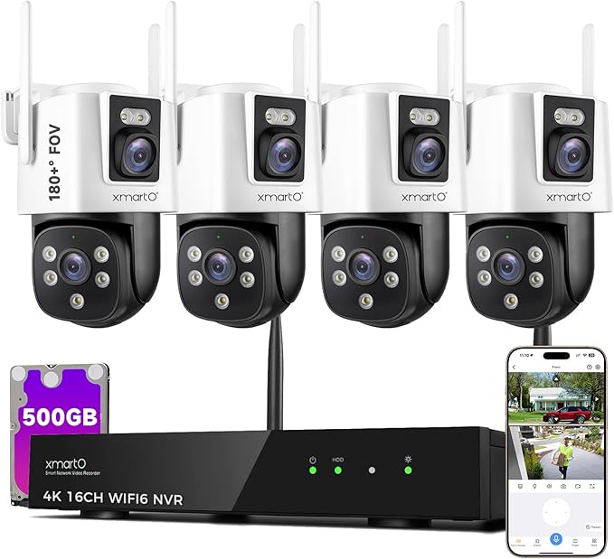 xmartO [2-in-1 CAMs 8-View WiFi 6 Mesh PTZ Security Camera System Outdoor Wireless, 4X Dual-Lens CAM, 16CH 4K Long Range WiFi6 Surveillance NVR Kit, 4MP PTZ Home CCTV Set w. 500GB HDD, No Monthly Fee