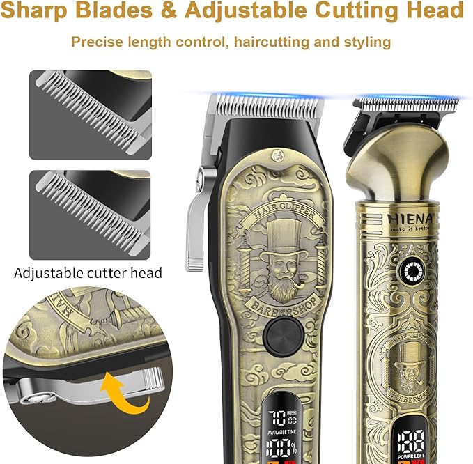 HIENA PRO Hair Clippers for Men Professional, Cordless Barber Clipper T-Blade Beard Trimmer Nose & Body Hair Trimmer Foil Shaver Grooming Kit, Electric Full Men's Hair Cutting Kit with 17 Guide Combs