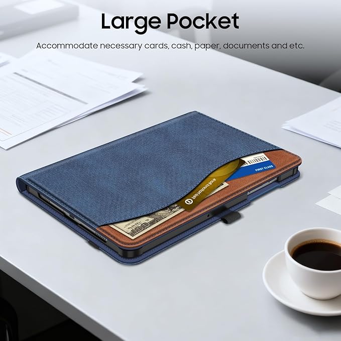Fintie Case for Samsung Galaxy Tab A9 Plus/A9+ 5G 11 Inch 2023 Model (SM-X210/X216/X218), Multi-Angle Viewing Smart Stand Back Cover with Pocket Auto Wake/Sleep, Denim Blue/Brown
