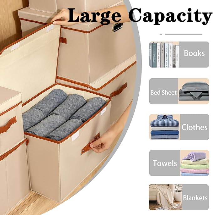 Tuza 2-Pack Large Fabric Storage Bins with Lids, Foldable Storage Boxes with Lids for Organizing, Decorative Storage Boxes with Handles for Home, Bedroom, Closet, Office(Khaki, Large)