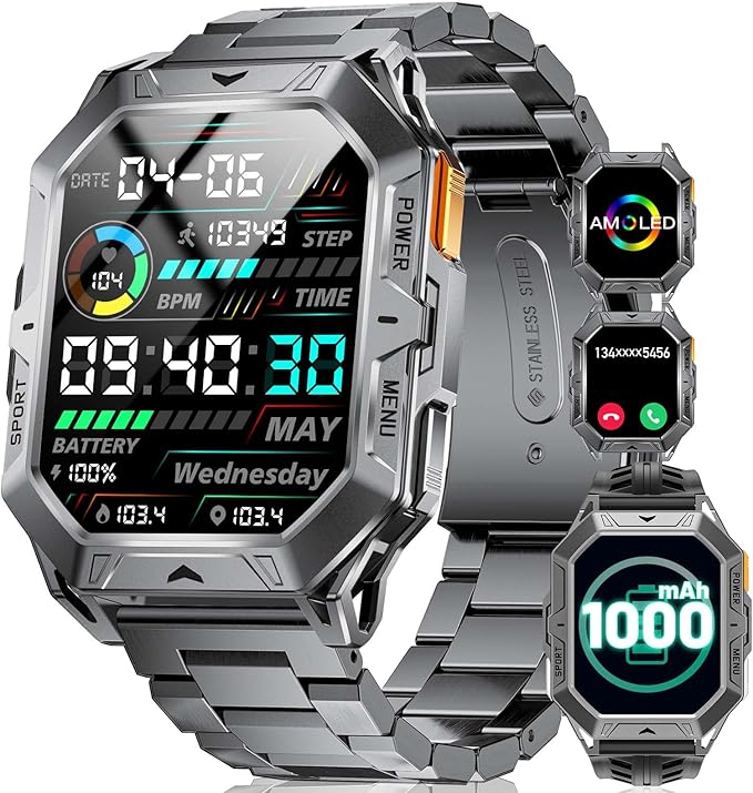 TX1 Military Smart Watch for Men, 1000mAh 80 Days Long Battery, 2.13'' AMOLED Smartwatch, 100+ Sport Mode/IP68 Waterproof Fitness Tracker, Rugged Smart Watch for Android iOS Compatible