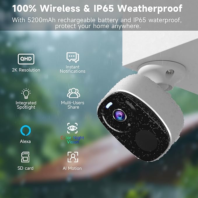 2PCs 2K Security Camera Wireless Outdoor, Surveillance Indoor Home Camera, Battery Powered WiFi Security Cameras with Color Night Vision, AI Motion Detection, 2-Way Audio, IP65, SD/Cloud, Works Alexa