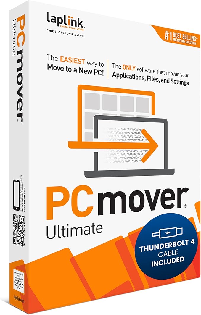 Laplink PCmover Ultimate 11 - Easy Migration of your Applications, Files and Settings from an Old PC to a New PC - Data Transfer Software - With Optional Ultra High Speed Thunderbolt Cable - 1 License