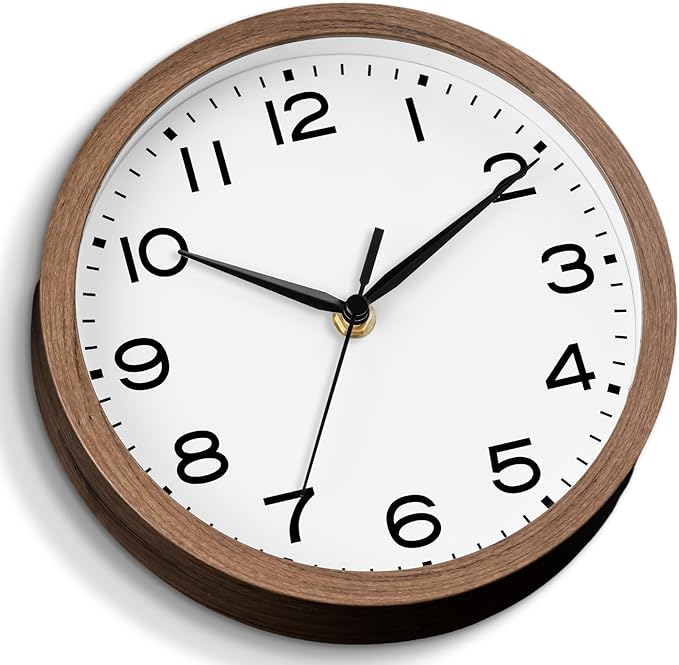 AKCISOT Wall Clock, Modern Small Wall Clocks Battery Operated 8 Inch, Silent Non-Ticking Analog Classic for Office, Home, Bathroom, Kitchen, Bedroom, School(Walnut Grain)