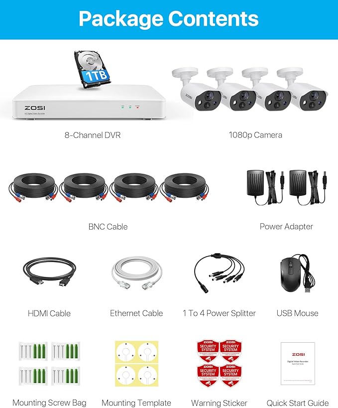 ZOSI C303 Spotlight Home Security Cameras System with Audio,8CH 5MP Lite DVR,4pcs 1080p Outdoor Cameras,Night Vision,Person Vehicle Detection,Light&Siren Alarm,1TB HDD for 24/7 Recording