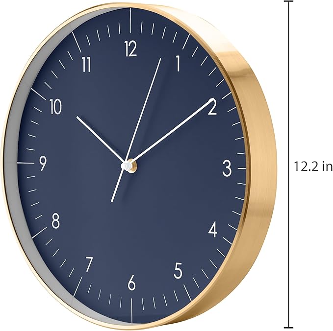 LUUK LIFESTYLE Modern Wall Clock with Silent Quartz Movement, Stylish & Functional, Decoration for Living Room, 12 inch, in Dark Blue & Gold