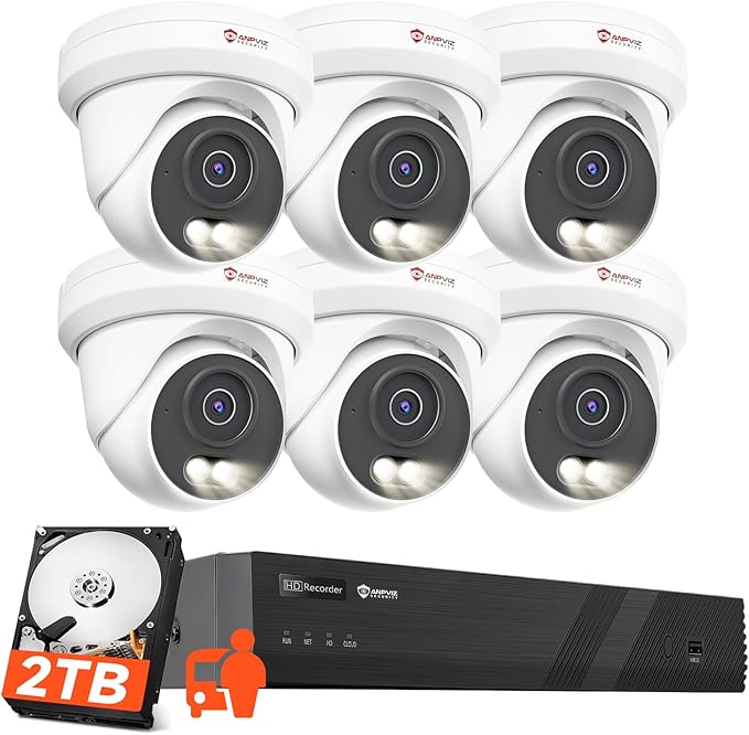 Anpviz 8CH 4K PoE Security Camera System, 6pcs 8MP Wired PoE IP Cameras with Human Vehicle Detection, Smart Dual Light Color Night Vision, 4K/8MP 8CH NVR with 2TB HDD for Business Home (U Series)