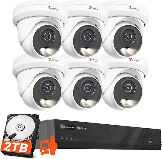 Anpviz 8CH 4K PoE Security Camera System, 6pcs 8MP Wired PoE IP Cameras with Human Vehicle Detection, Smart Dual Light Color Night Vision, 4K/8MP 8CH NVR with 2TB HDD for Business Home (U Series)