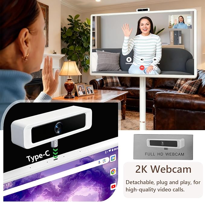 OFD 32 Inch Portable TV on Wheels FHD 1080P,Android15 OS|6GB RAM+128GB Storage|EDLA-Certified,Rolling TV Touchscreen Monitor,Built-in 9600mAh Battery|2K Webcam|Remote Control|Speaker,Fully Rotatable