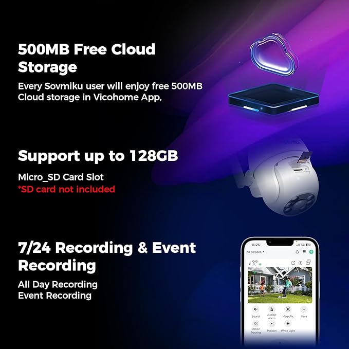 Sovmiku CA3 AI Auto Tracking Mini 2K Security Camera Wireless Outdoor, Two-Way Audio, Easy to Setup, 9.8Ft Power Cable,360° View, Color Night Vision, Audible Flashlight Alarm, 180 Days Exchange Policy