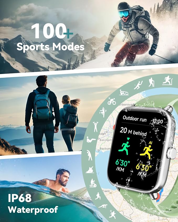 Smart Watches for Women/Men, Smart Watch for Android Phones and iPhone Compatible, Alexa Built-in, 1.8" Fitness Watches for Women, IP68 Waterproof /Bluetooth Call, Heart Rate/Sleep Monitor, Green