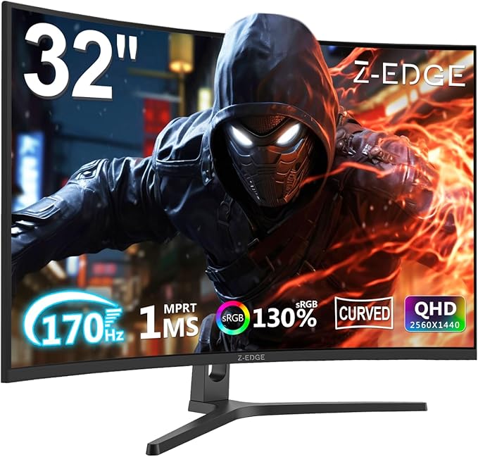 Z-Edge 32 inch Curved Gaming Monitor, QHD 1440P 170Hz 165Hz 144Hz Curved Monitor, 1500R Computer Monitor, MPRT 1ms Monitor, 16.7M Colors, 3000:1 Contrast, UG32 Ultra Slim Bezel, DP x2, HDMI x2