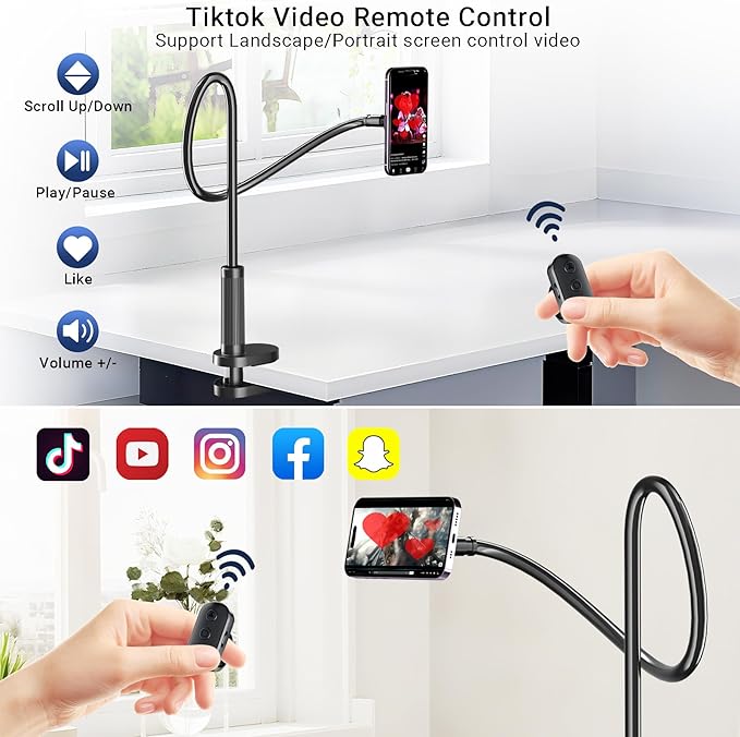 Magnetic Phone Holder for Bed Laying Down with Remote Page Turner, Bedside Gooseneck Phone Stand with Clicker for Reading, Flexible Mount with Wireless Scrolling Ring for iPhone/Tiktok/Short Video
