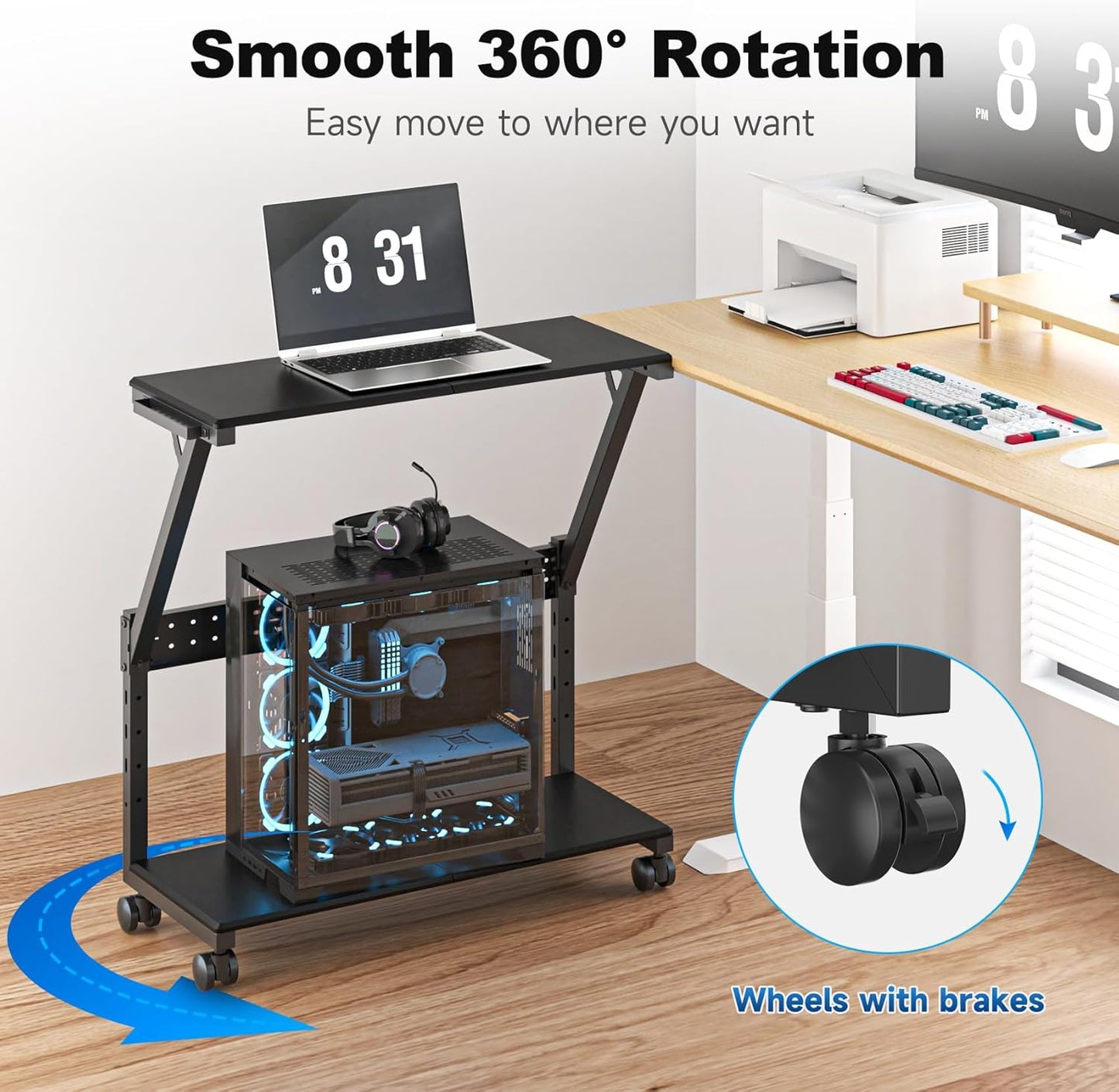 Suptek Computer Tower Stand,Height Adjustable PC Tower Stand/Cart with Wheels, Mobile Rolling CPU Holder, Computer Cart Side Stand for Computer Desk,23.22"-31.10"Hx29.13" Lx13.77" W, Black