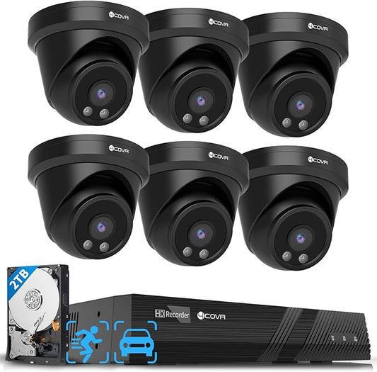 4COVR PoE Security Camera System Outdoor, AI Human Vehicle Detection, 6Pcs 5MP Wired Commercial Dome PoE IP Camera IP67 Night Vision, 8CH 4K H.265 NVR 2TB HDD, 24/7 Home Surveillance, LY97AB5M0806