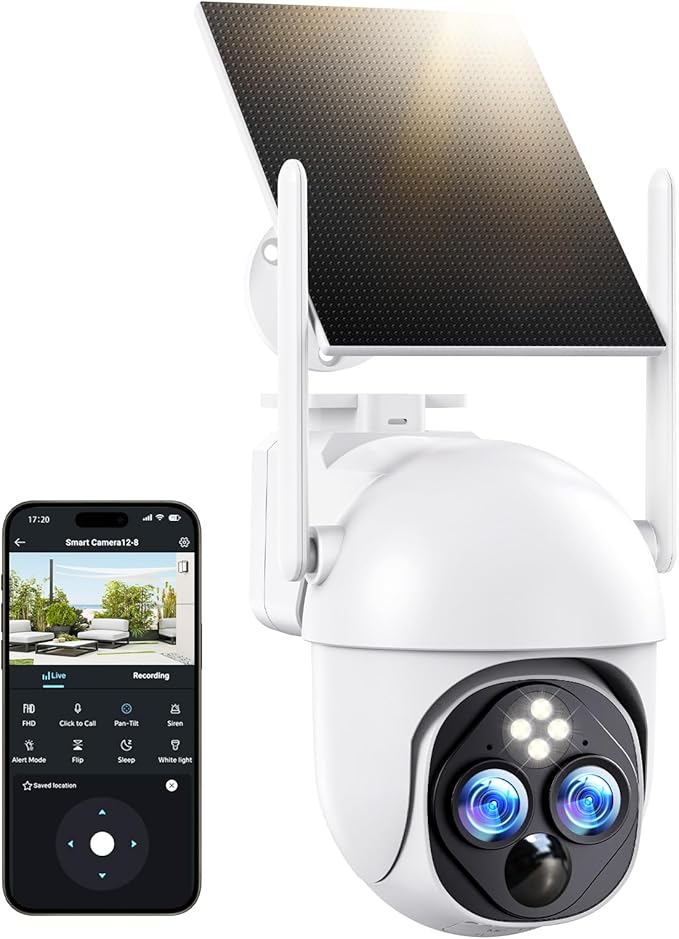 Dual-Lens Solar Security Cameras Wireless Outdoor, 360° View 10X Zoom WiFi Cameras for Home Security with PIR Detection, 2-Way Audio, IP65 Waterproof Spotlight Siren Alarm, SD/Cloud Storage