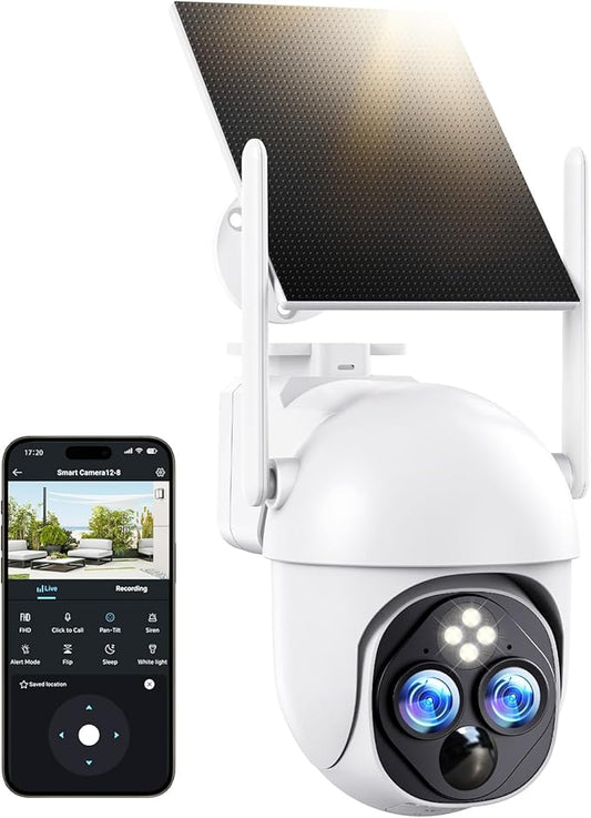 Dual-Lens Solar Security Cameras Wireless Outdoor, 360° View 10X Zoom WiFi Cameras for Home Security with PIR Detection, 2-Way Audio, IP65 Waterproof Spotlight Siren Alarm, SD/Cloud Storage